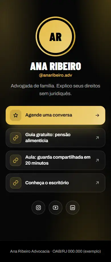 Página de link na bio feita no RockPost, com foto, uma frase e os botões principais.