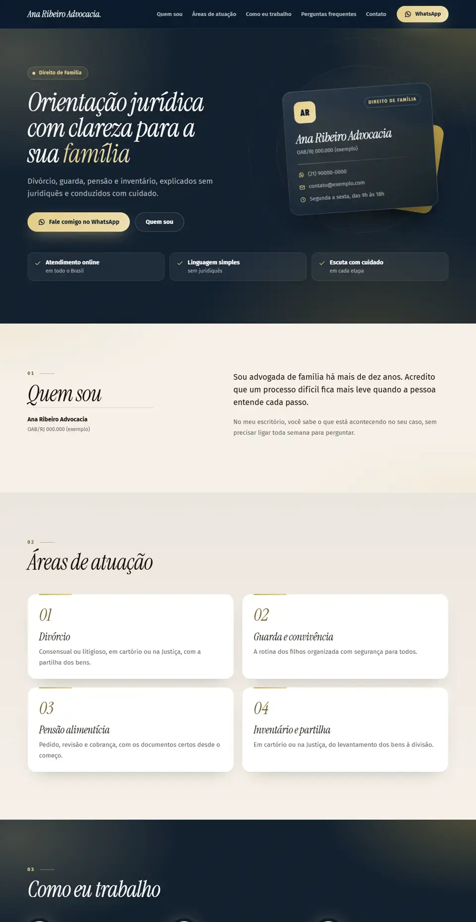 Topo de um site institucional feito no RockPost para uma advogada de família de exemplo.